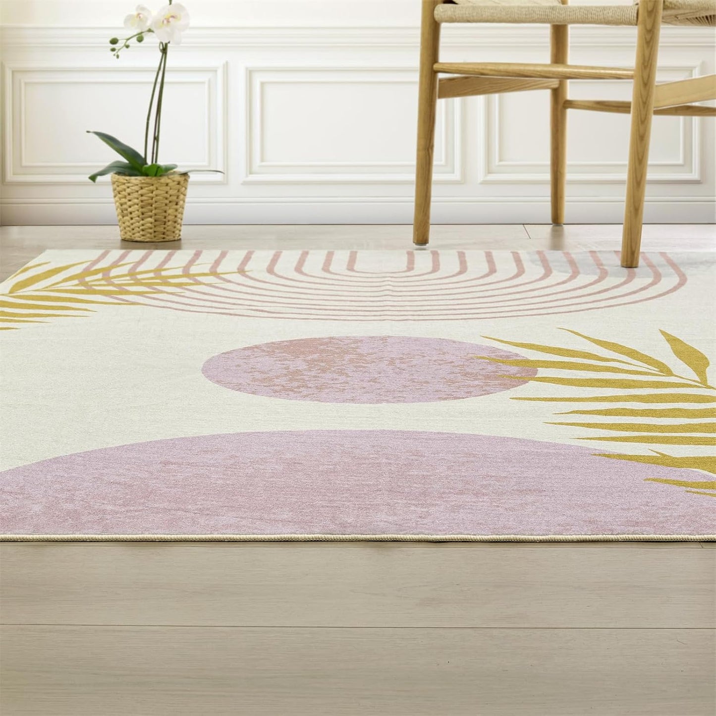 Cute Pink Nuresry Rug Washable, Boho Modern Contemporary Aesthetic 4x6 Area Rugs for Bedroom Dining Living Room Dorm, Abstract Art Tropical Leaves Thin Indoor Entryway Rug Carpet
