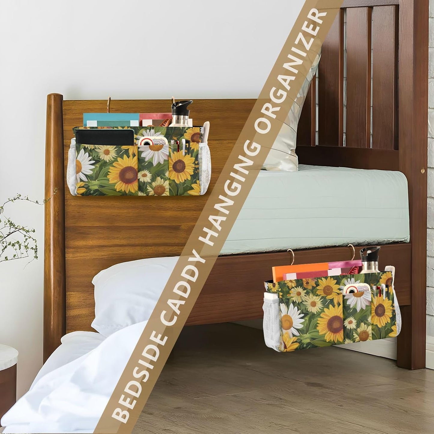 Yellow Sunflower Flowers Bedside Caddies Bed Storage Bag With Pockets Hanging Organizer for Headboards Bunk Beds Dorm Rooms Organizer Caddy organizador para accesorios de cama