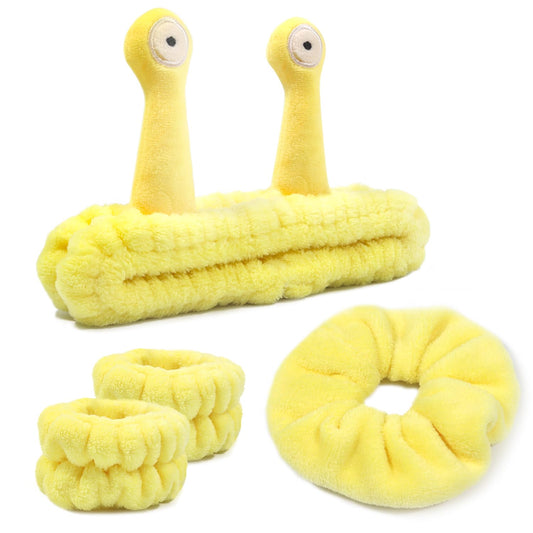 Face Wash Headband Skincare with Wristbands Set for Washing Spa Hair Bands | Gift for Women Girls with a Hair Scrunchie, Cute Yellow Snail Tentacle Elastic Headband, for Makeup Skincare