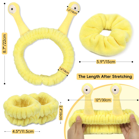 Face Wash Headband Skincare with Wristbands Set for Washing Spa Hair Bands | Gift for Women Girls with a Hair Scrunchie, Cute Yellow Snail Tentacle Elastic Headband, for Makeup Skincare