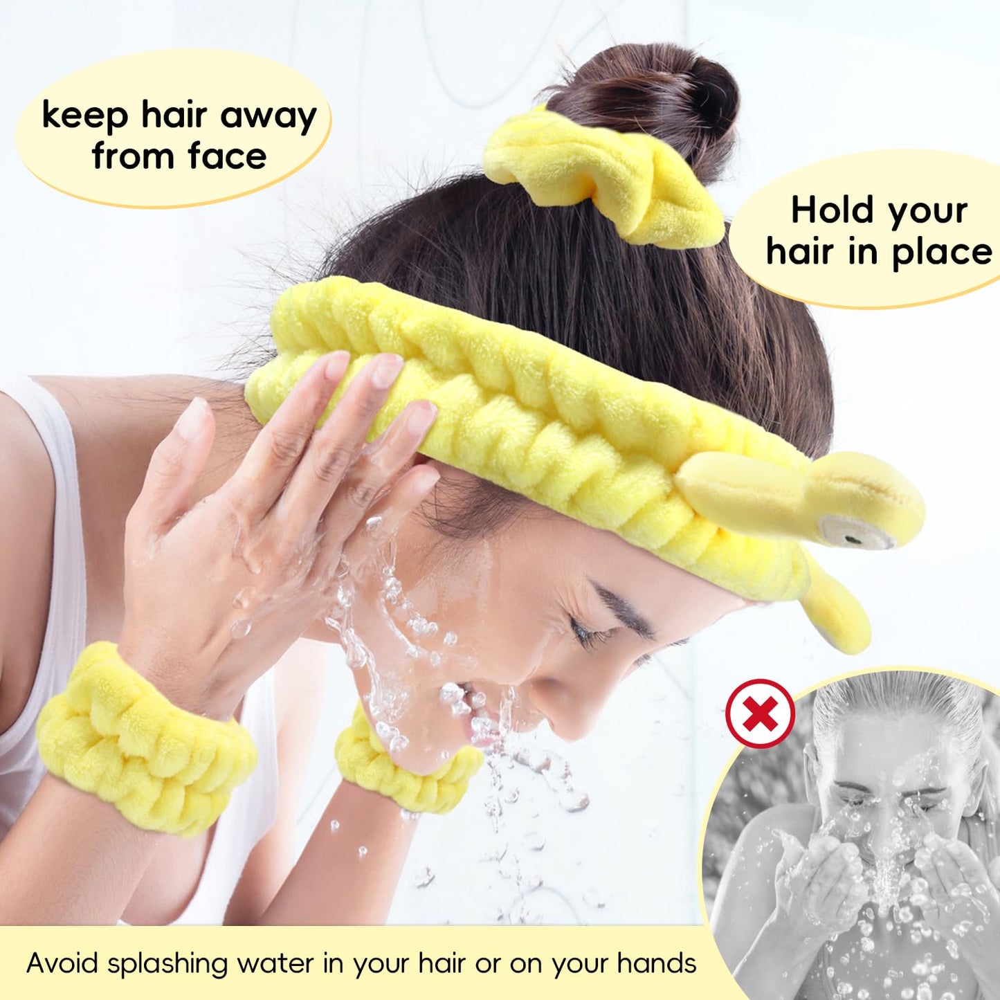 Face Wash Headband Skincare with Wristbands Set for Washing Spa Hair Bands | Gift for Women Girls with a Hair Scrunchie, Cute Yellow Snail Tentacle Elastic Headband, for Makeup Skincare
