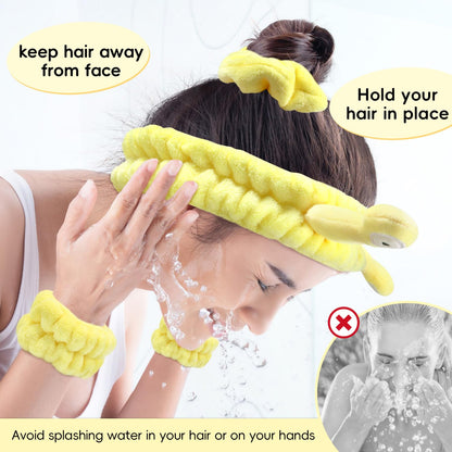 Face Wash Headband Skincare with Wristbands Set for Washing Spa Hair Bands | Gift for Women Girls with a Hair Scrunchie, Cute Yellow Snail Tentacle Elastic Headband, for Makeup Skincare