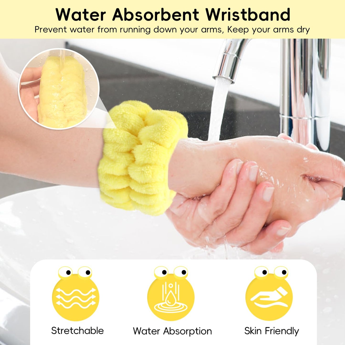 Face Wash Headband Skincare with Wristbands Set for Washing Spa Hair Bands | Gift for Women Girls with a Hair Scrunchie, Cute Yellow Snail Tentacle Elastic Headband, for Makeup Skincare