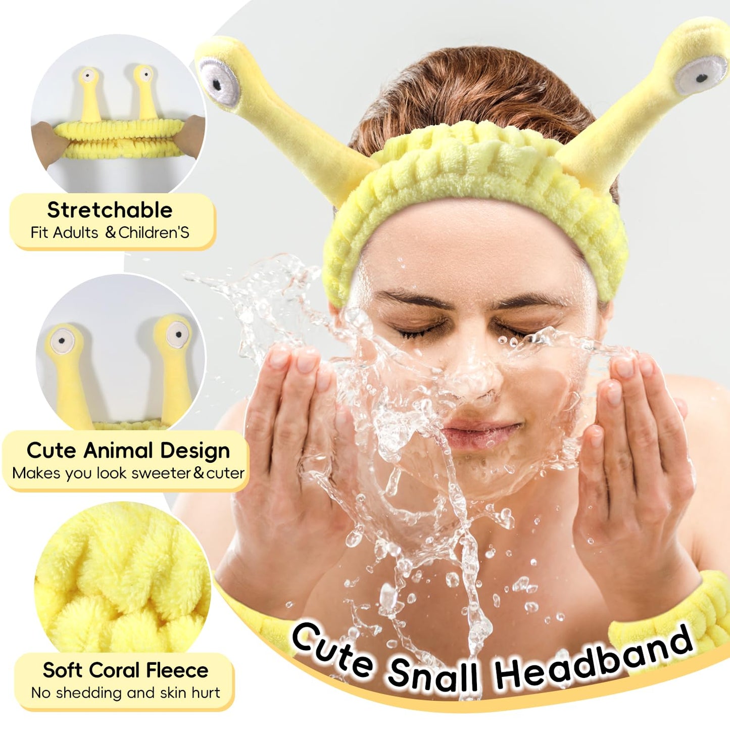 Face Wash Headband Skincare with Wristbands Set for Washing Spa Hair Bands | Gift for Women Girls with a Hair Scrunchie, Cute Yellow Snail Tentacle Elastic Headband, for Makeup Skincare