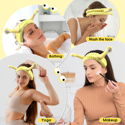 Face Wash Headband Skincare with Wristbands Set for Washing Spa Hair Bands | Gift for Women Girls with a Hair Scrunchie, Cute Yellow Snail Tentacle Elastic Headband, for Makeup Skincare