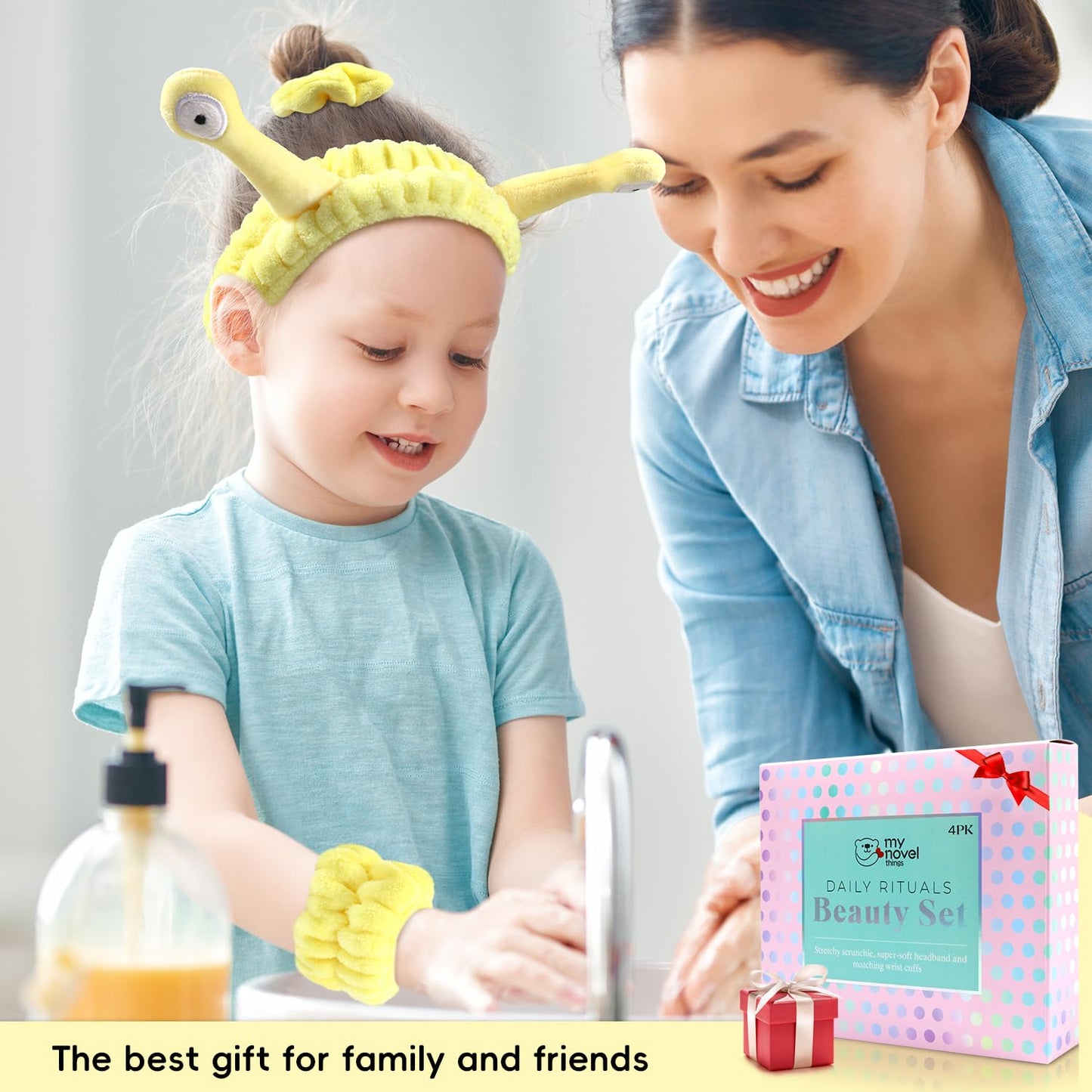 Face Wash Headband Skincare with Wristbands Set for Washing Spa Hair Bands | Gift for Women Girls with a Hair Scrunchie, Cute Yellow Snail Tentacle Elastic Headband, for Makeup Skincare