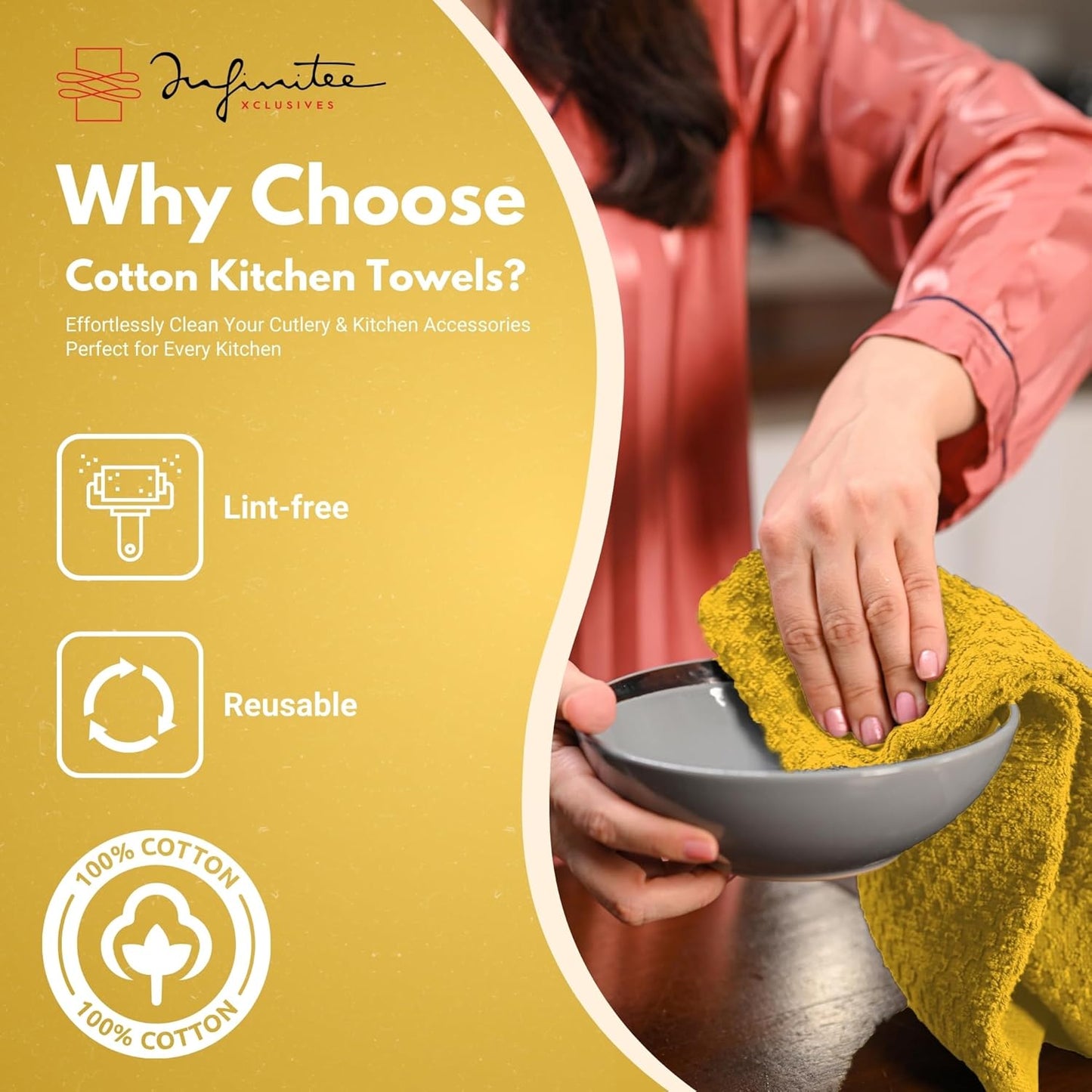 Premium Kitchen Towels – Pack of 3, 100% Cotton |15 x 25| Inches Absorbent Dish Towels - Terry Kitchen Dishcloth Towels - Yellow Dish Cloth for Household Cleaning