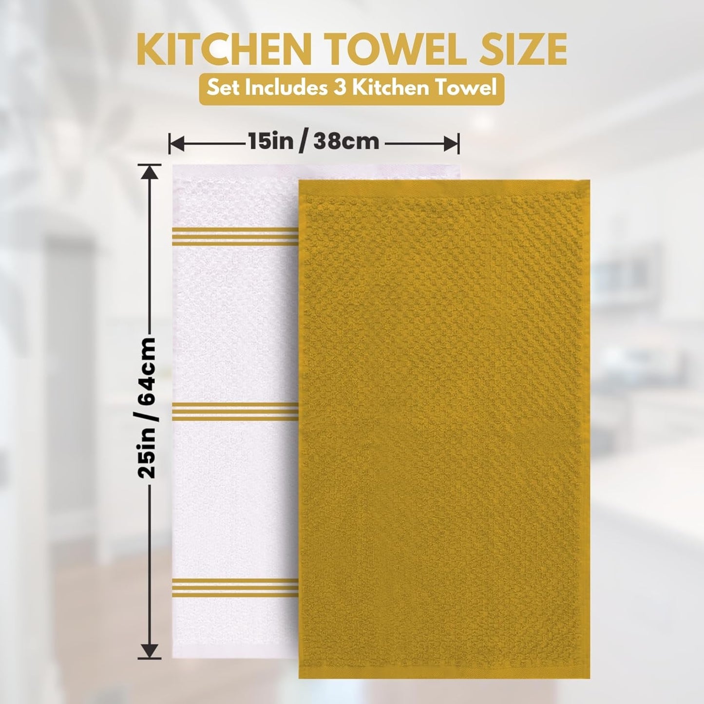 Premium Kitchen Towels – Pack of 3, 100% Cotton |15 x 25| Inches Absorbent Dish Towels - Terry Kitchen Dishcloth Towels - Yellow Dish Cloth for Household Cleaning