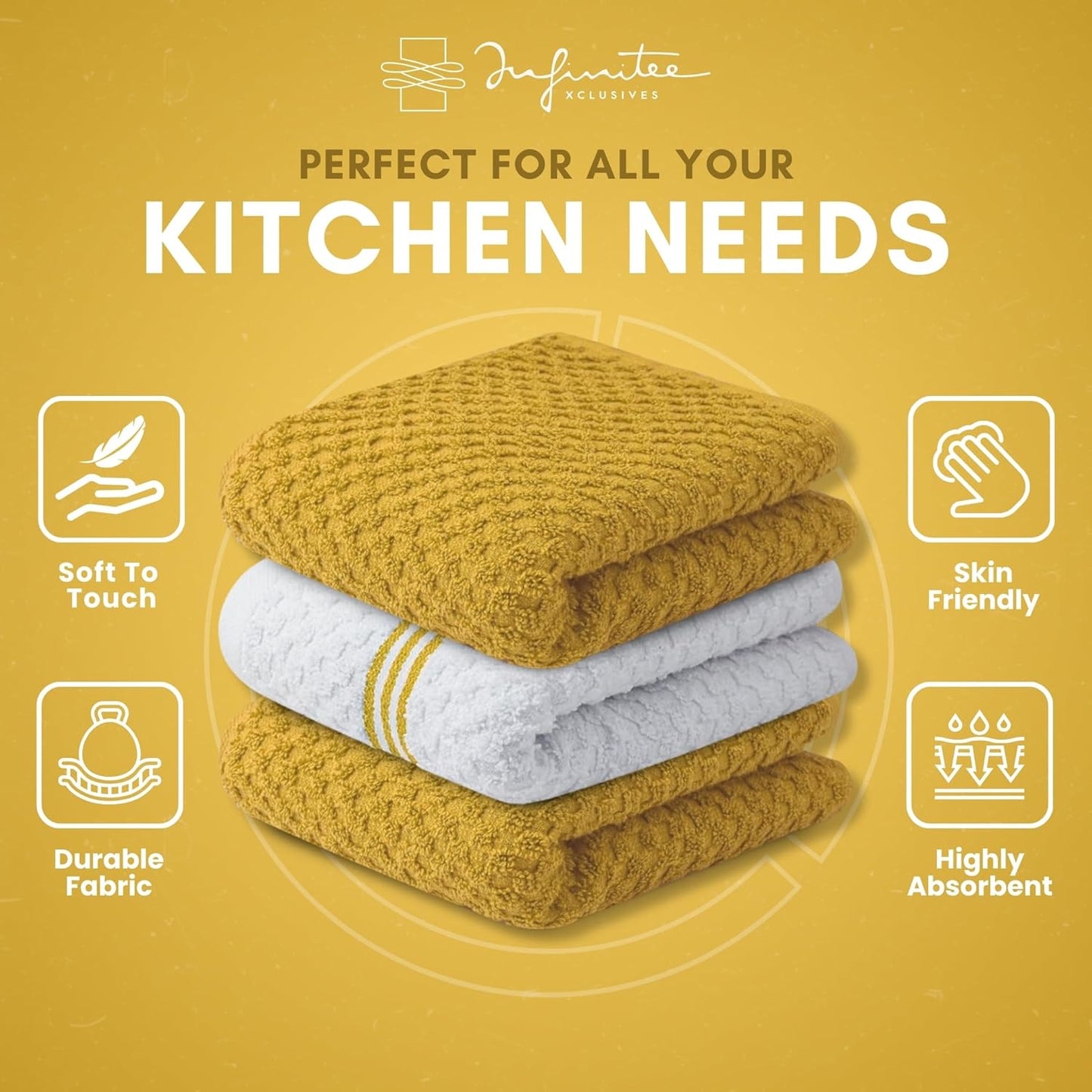 Premium Kitchen Towels – Pack of 3, 100% Cotton |15 x 25| Inches Absorbent Dish Towels - Terry Kitchen Dishcloth Towels - Yellow Dish Cloth for Household Cleaning