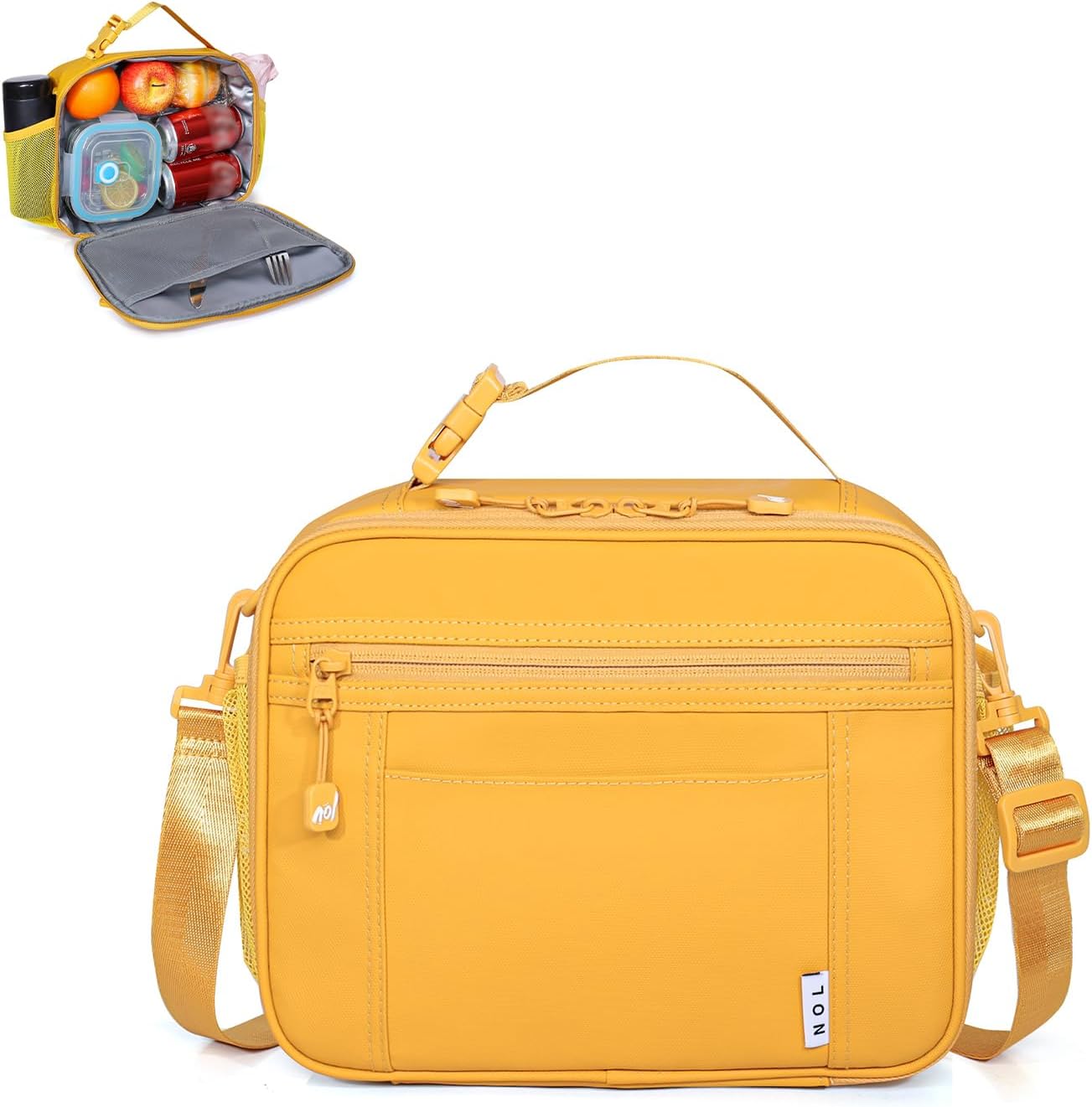 Reusable Insulated Kids Lunch Bag – Water-Resistant Easy-Clean Fabric, Multiple Zip Pockets, Holds Lunch Box & Water Bottle for School, Earth-yellow