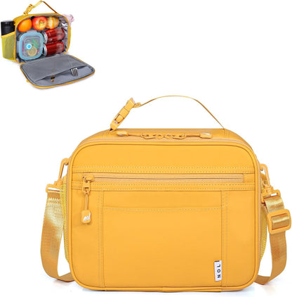 Reusable Insulated Kids Lunch Bag – Water-Resistant Easy-Clean Fabric, Multiple Zip Pockets, Holds Lunch Box & Water Bottle for School, Earth-yellow