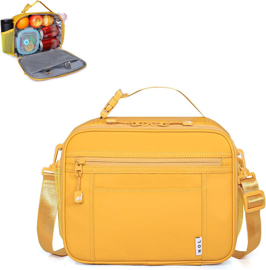 Reusable Insulated Kids Lunch Bag – Water-Resistant Easy-Clean Fabric, Multiple Zip Pockets, Holds Lunch Box & Water Bottle for School, Earth-yellow