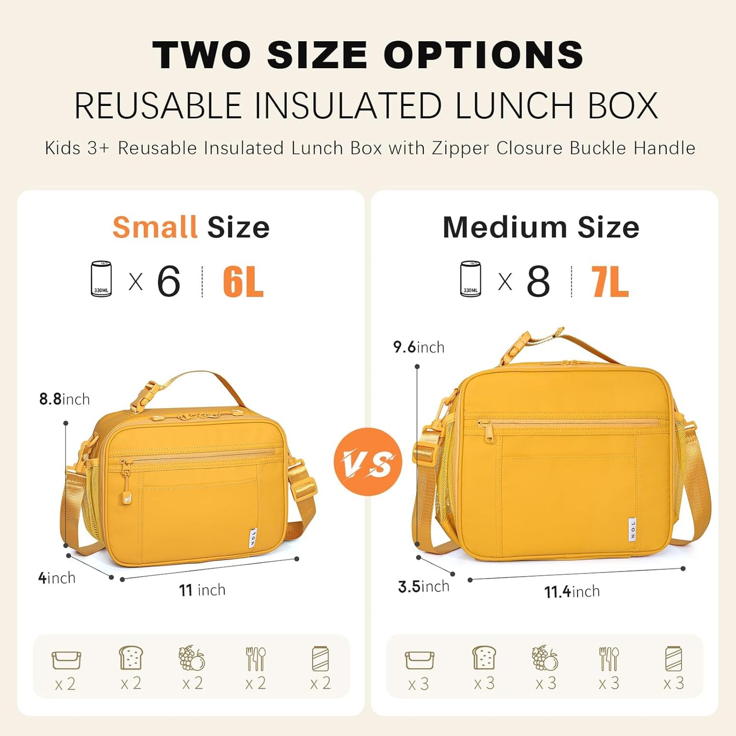 Reusable Insulated Kids Lunch Bag – Water-Resistant Easy-Clean Fabric, Multiple Zip Pockets, Holds Lunch Box & Water Bottle for School, Earth-yellow