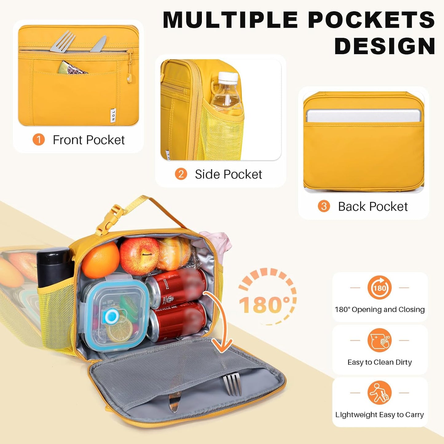 Reusable Insulated Kids Lunch Bag – Water-Resistant Easy-Clean Fabric, Multiple Zip Pockets, Holds Lunch Box & Water Bottle for School, Earth-yellow