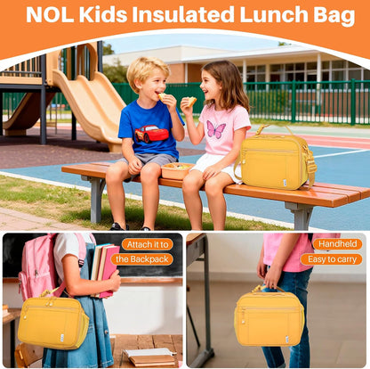Reusable Insulated Kids Lunch Bag – Water-Resistant Easy-Clean Fabric, Multiple Zip Pockets, Holds Lunch Box & Water Bottle for School, Earth-yellow