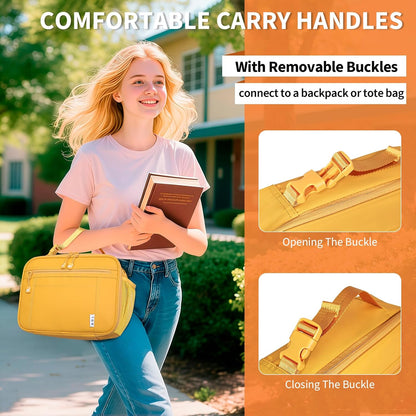 Reusable Insulated Kids Lunch Bag – Water-Resistant Easy-Clean Fabric, Multiple Zip Pockets, Holds Lunch Box & Water Bottle for School, Earth-yellow