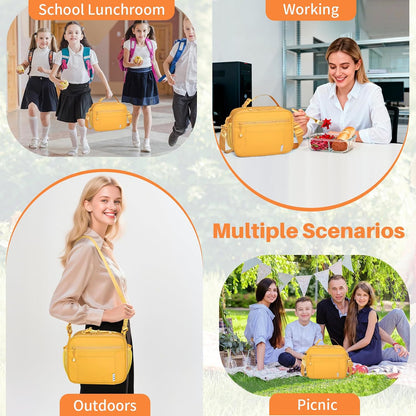 Reusable Insulated Kids Lunch Bag – Water-Resistant Easy-Clean Fabric, Multiple Zip Pockets, Holds Lunch Box & Water Bottle for School, Earth-yellow