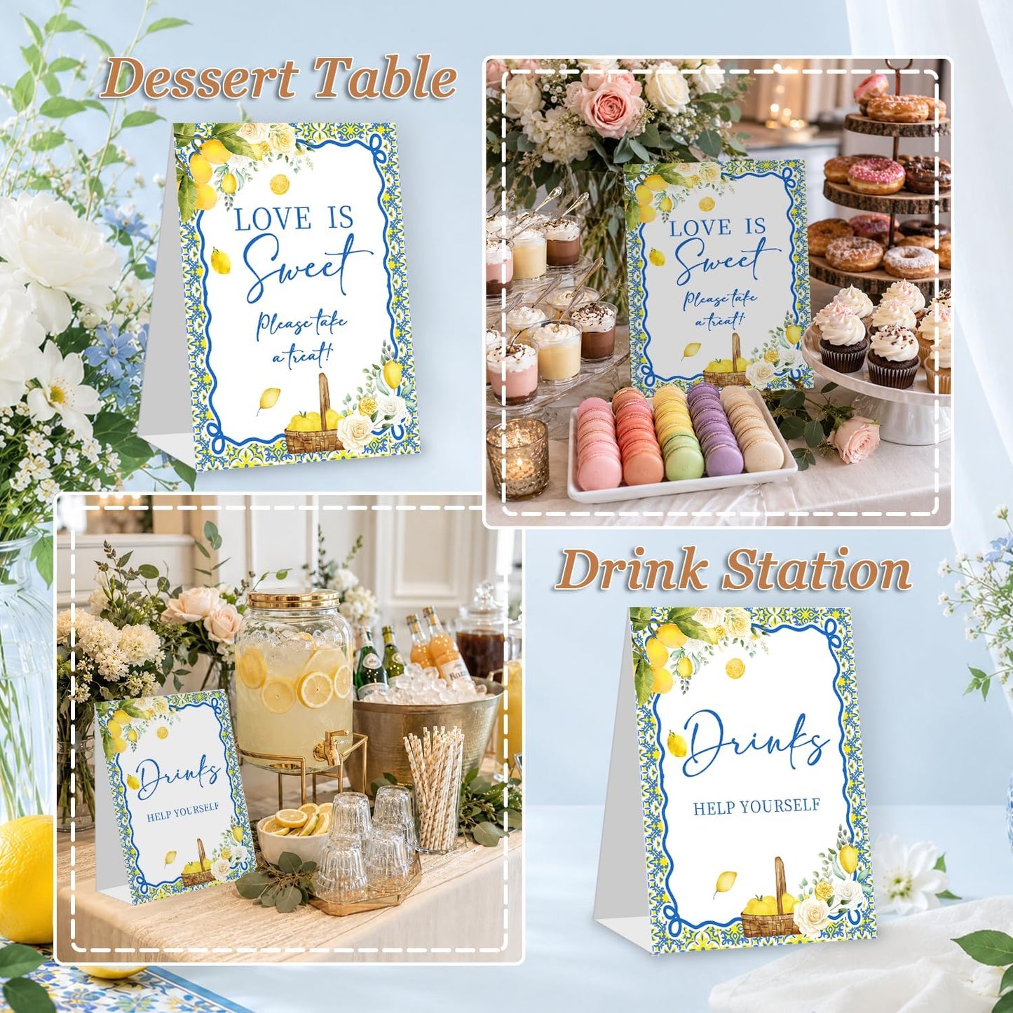 Lemon Wedding Welcome Sign for Reception, Cards & Gifts Favors Love Is Sweet Drinks Help Yourself, Bridal Baby Shower Decorations 4 Pcs Table Signs Set, Birthday Gender Reveal Party Decor