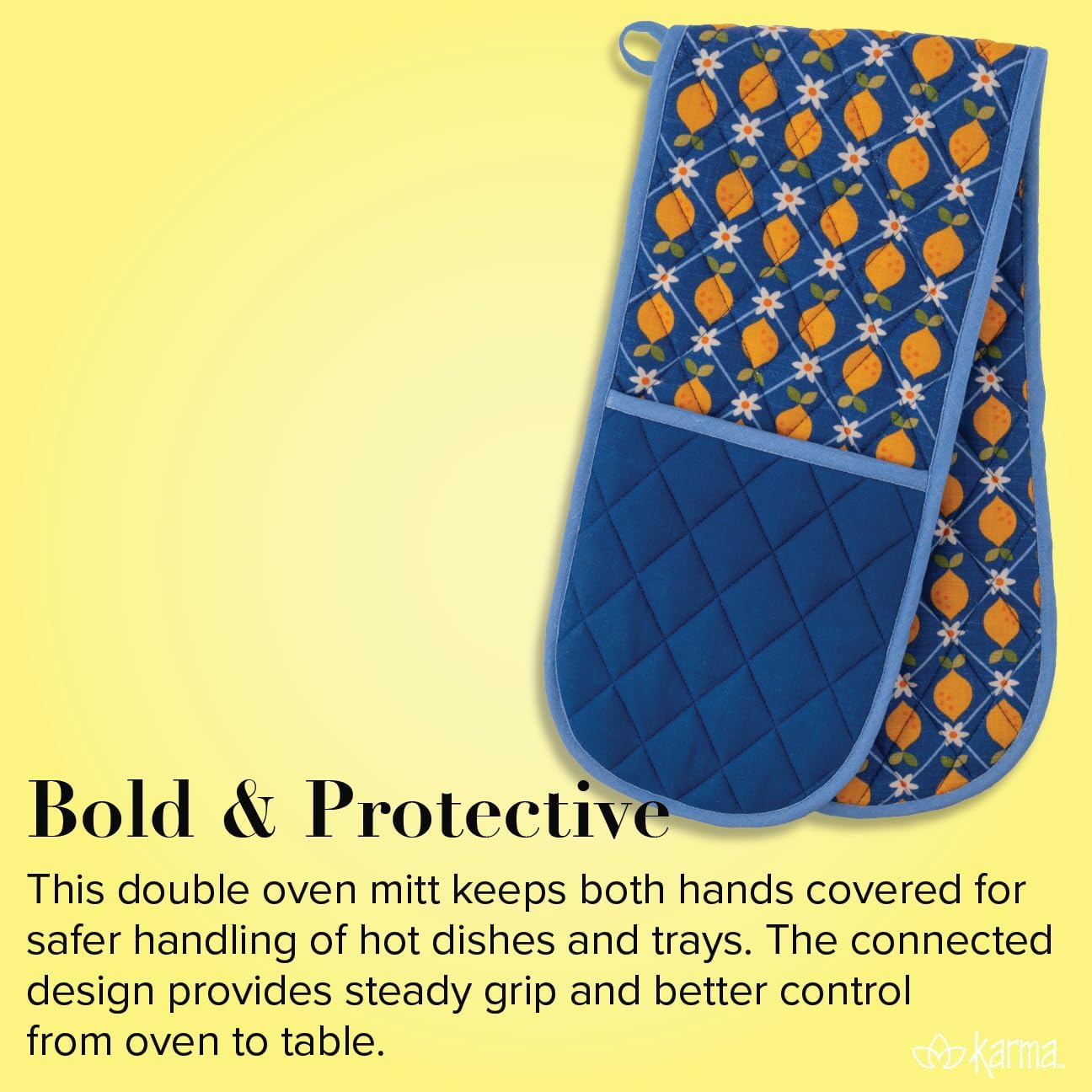 Karma, Double Oven Mitt, Heat Resistant Quilted Pot Holder, Lemon