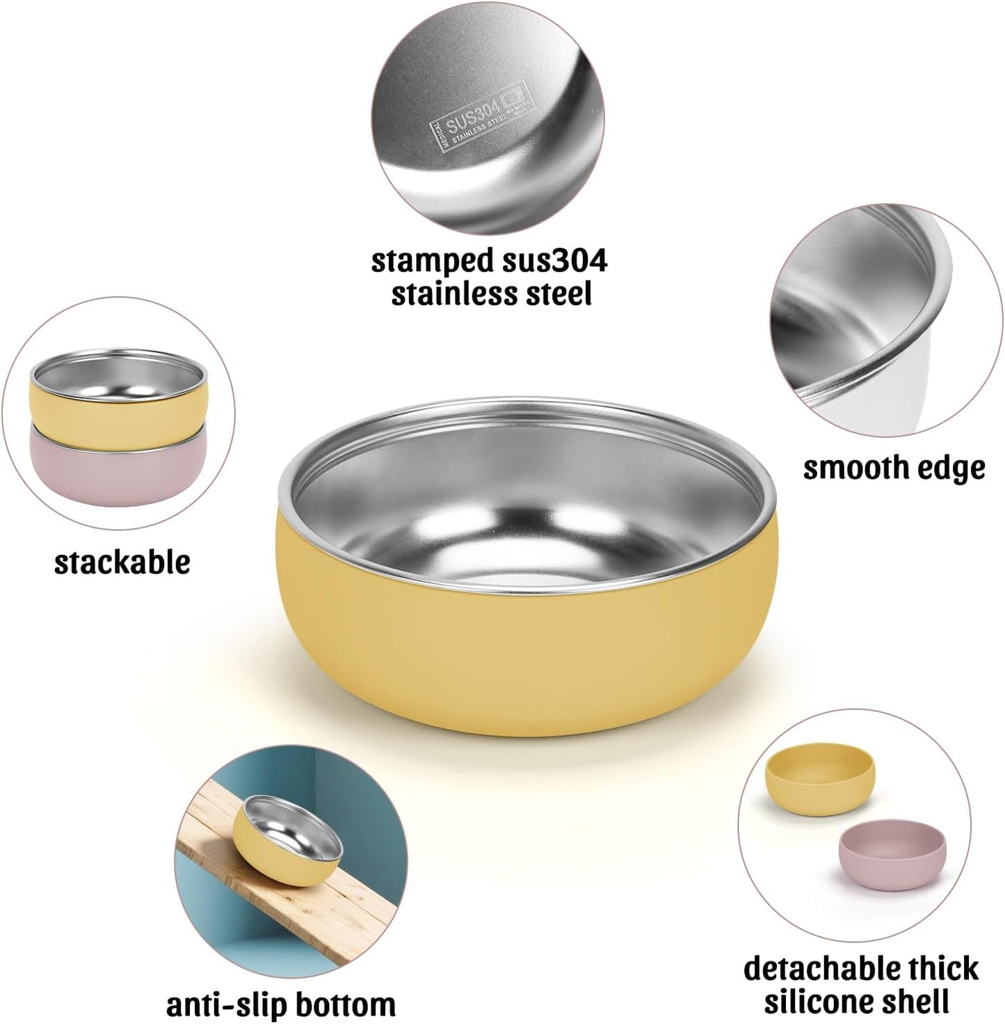 Kitten Food Bowls 2 Pack, Stainless Steel Cat Food and Water Bowl Set with Anti-Slip Silicone Bottom, 5 '' Wide Thick & Heavy Duty Metal Pet Bowls for Indoor Cats