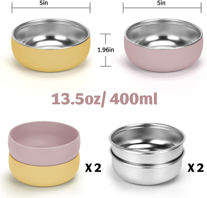 Kitten Food Bowls 2 Pack, Stainless Steel Cat Food and Water Bowl Set with Anti-Slip Silicone Bottom, 5 '' Wide Thick & Heavy Duty Metal Pet Bowls for Indoor Cats