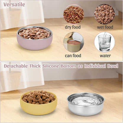 Kitten Food Bowls 2 Pack, Stainless Steel Cat Food and Water Bowl Set with Anti-Slip Silicone Bottom, 5 '' Wide Thick & Heavy Duty Metal Pet Bowls for Indoor Cats