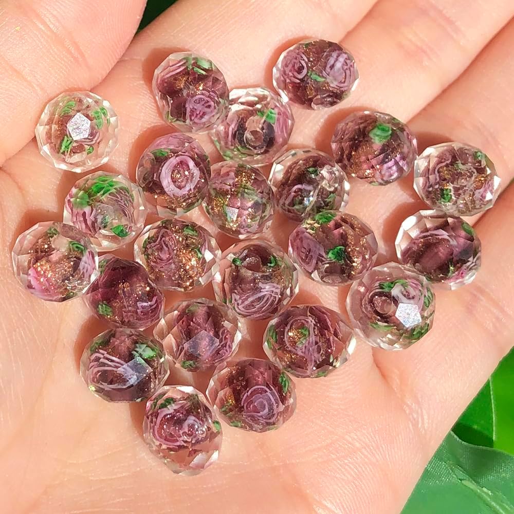 50pcs 8~10mm Rose Lampwork Bead Handmade Faceted Yellow Murano Glass Beads for Jewelry Making Supplies, Bracelet, Rosary Craft Making