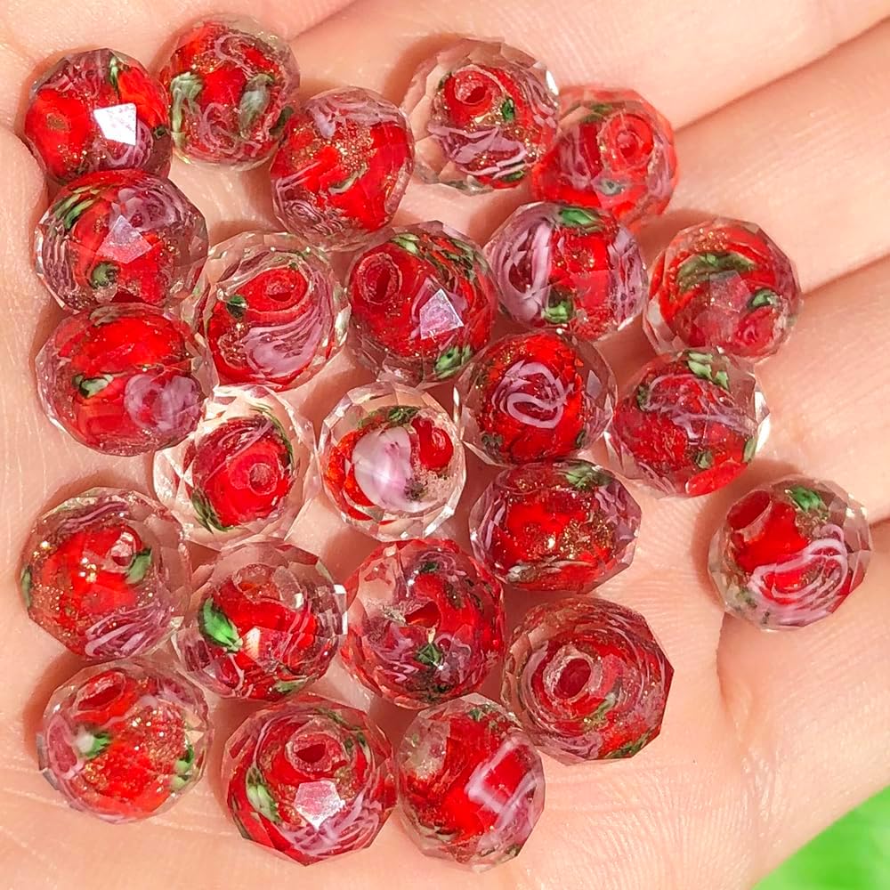 50pcs 8~10mm Rose Lampwork Bead Handmade Faceted Yellow Murano Glass Beads for Jewelry Making Supplies, Bracelet, Rosary Craft Making