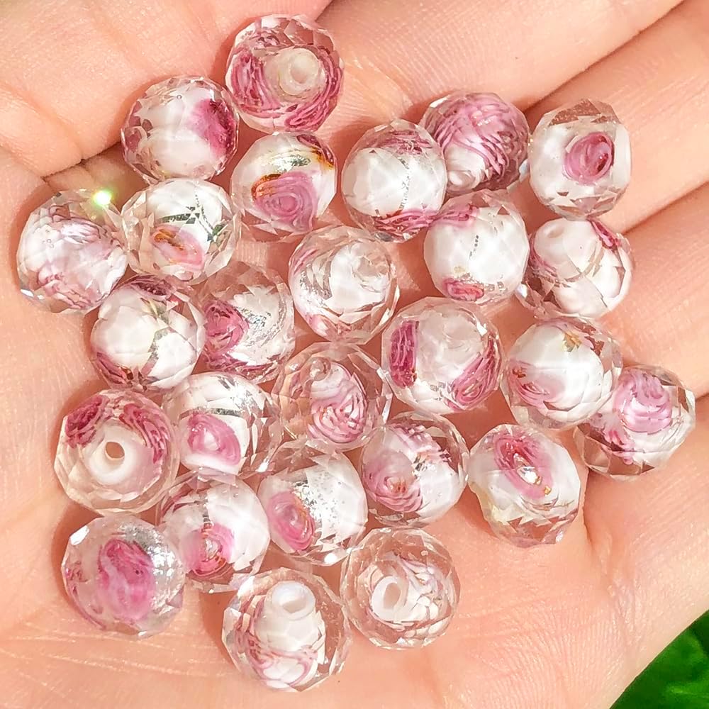 50pcs 8~10mm Rose Lampwork Bead Handmade Faceted Yellow Murano Glass Beads for Jewelry Making Supplies, Bracelet, Rosary Craft Making