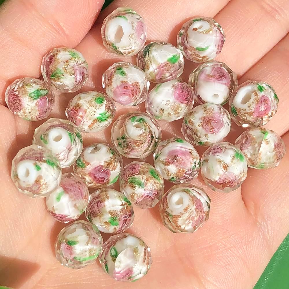 50pcs 8~10mm Rose Lampwork Bead Handmade Faceted Yellow Murano Glass Beads for Jewelry Making Supplies, Bracelet, Rosary Craft Making