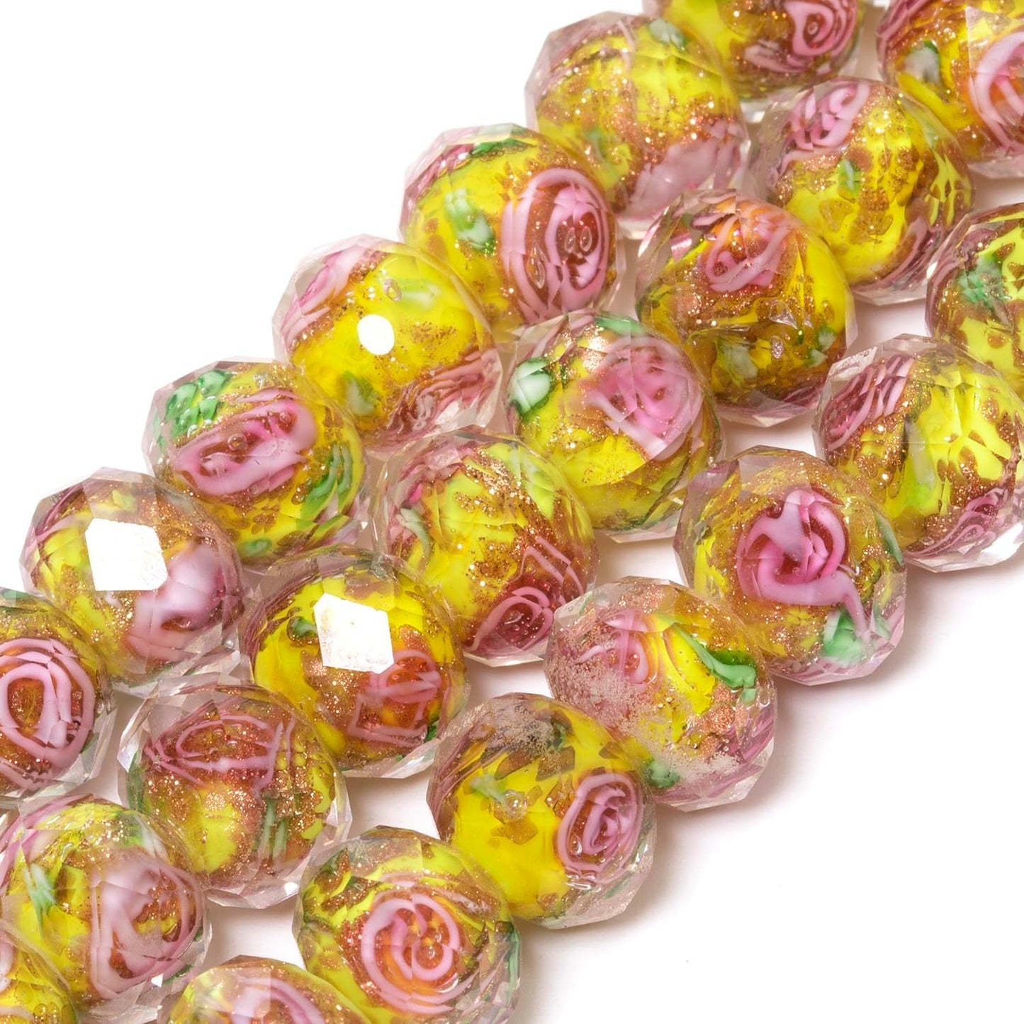 50pcs 8~10mm Rose Lampwork Bead Handmade Faceted Yellow Murano Glass Beads for Jewelry Making Supplies, Bracelet, Rosary Craft Making