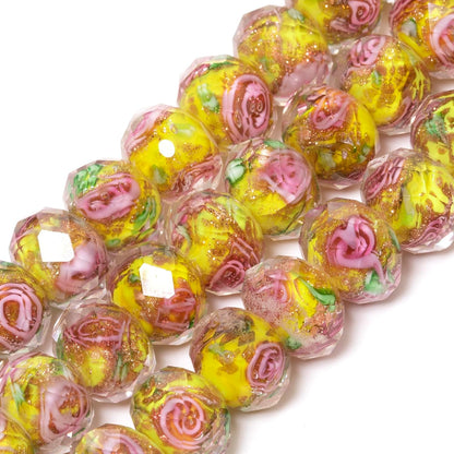 50pcs 8~10mm Rose Lampwork Bead Handmade Faceted Yellow Murano Glass Beads for Jewelry Making Supplies, Bracelet, Rosary Craft Making