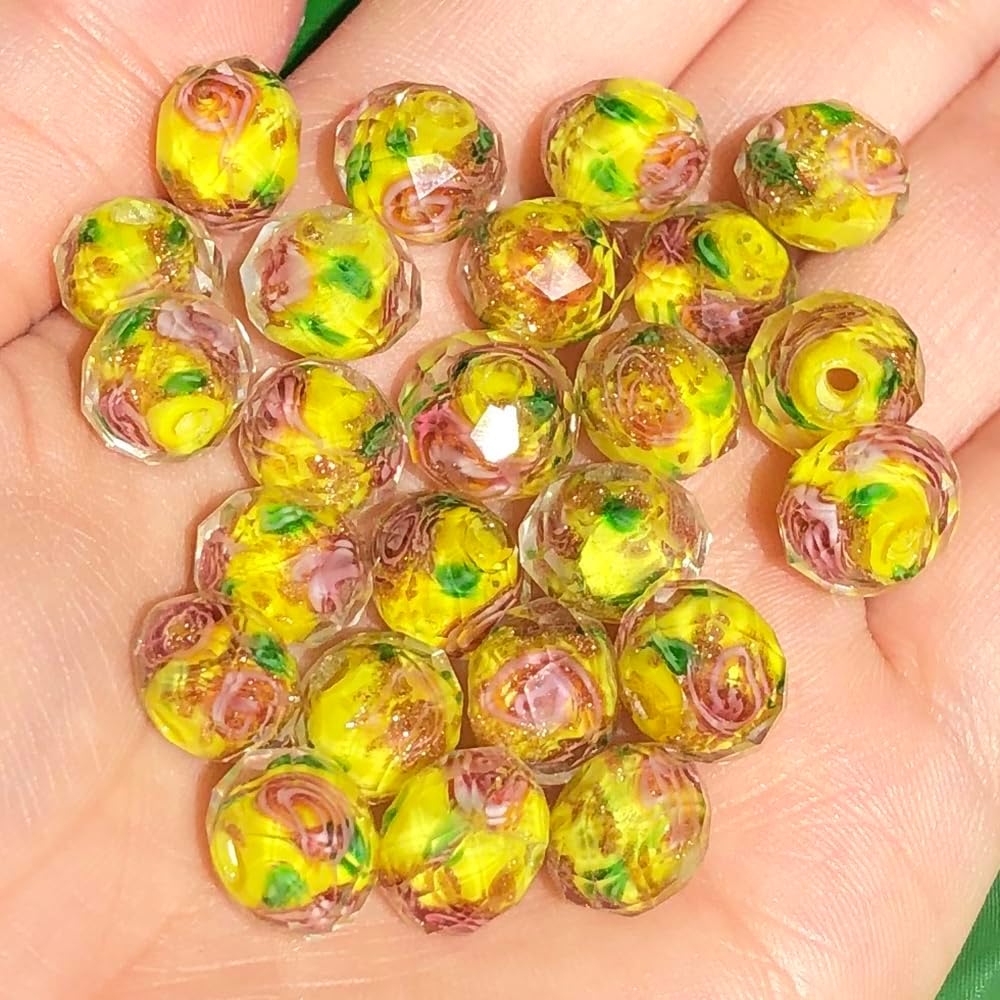 50pcs 8~10mm Rose Lampwork Bead Handmade Faceted Yellow Murano Glass Beads for Jewelry Making Supplies, Bracelet, Rosary Craft Making