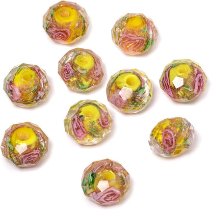 50pcs 8~10mm Rose Lampwork Bead Handmade Faceted Yellow Murano Glass Beads for Jewelry Making Supplies, Bracelet, Rosary Craft Making