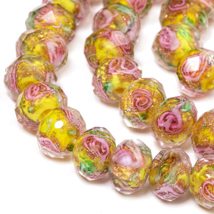 50pcs 8~10mm Rose Lampwork Bead Handmade Faceted Yellow Murano Glass Beads for Jewelry Making Supplies, Bracelet, Rosary Craft Making
