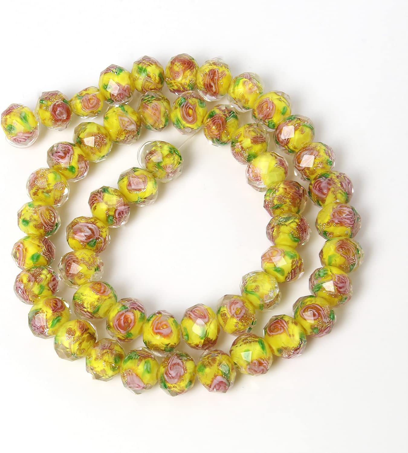 50pcs 8~10mm Rose Lampwork Bead Handmade Faceted Yellow Murano Glass Beads for Jewelry Making Supplies, Bracelet, Rosary Craft Making
