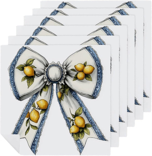 Cowgirl Bow with Yellow Lemons Pattern Cloth Napkins Set of 6, Square Premium Reusable Washable Polyester Table Linen Napkin for Dinner Party