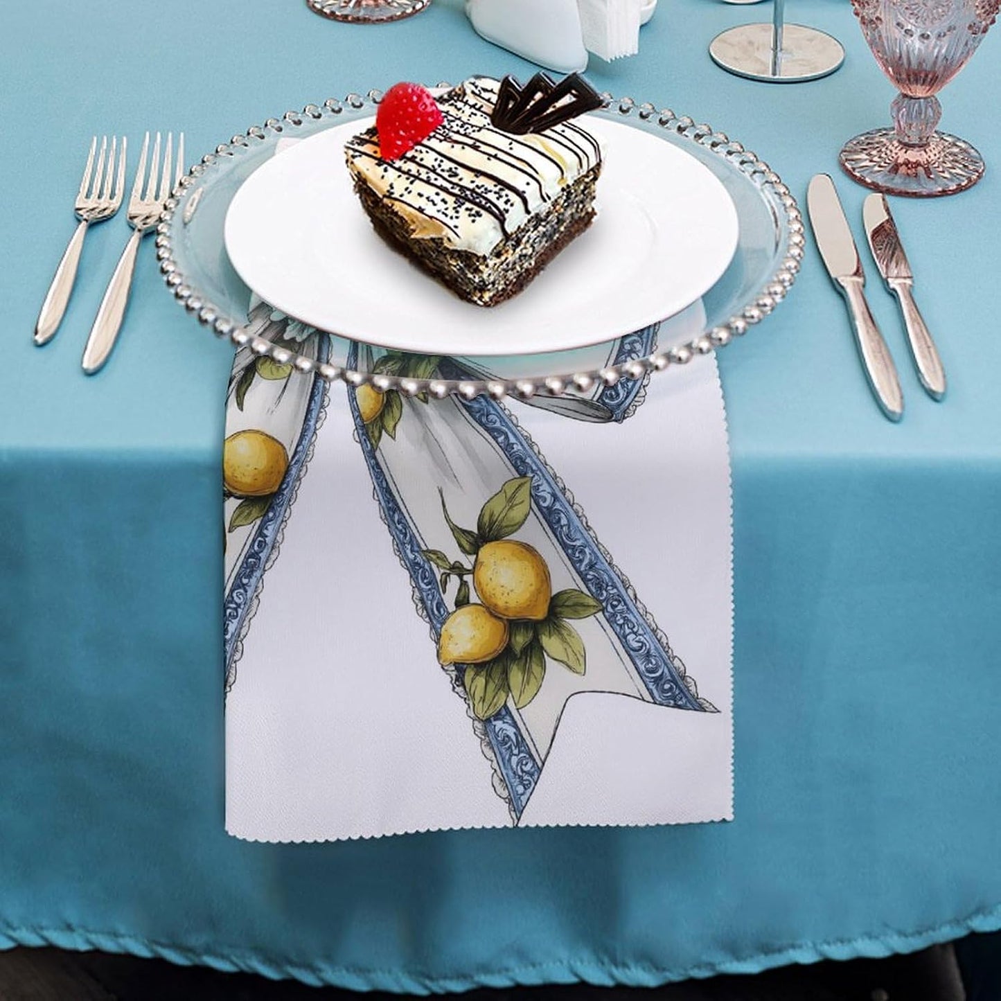 Cowgirl Bow with Yellow Lemons Pattern Cloth Napkins Set of 6, Square Premium Reusable Washable Polyester Table Linen Napkin for Dinner Party