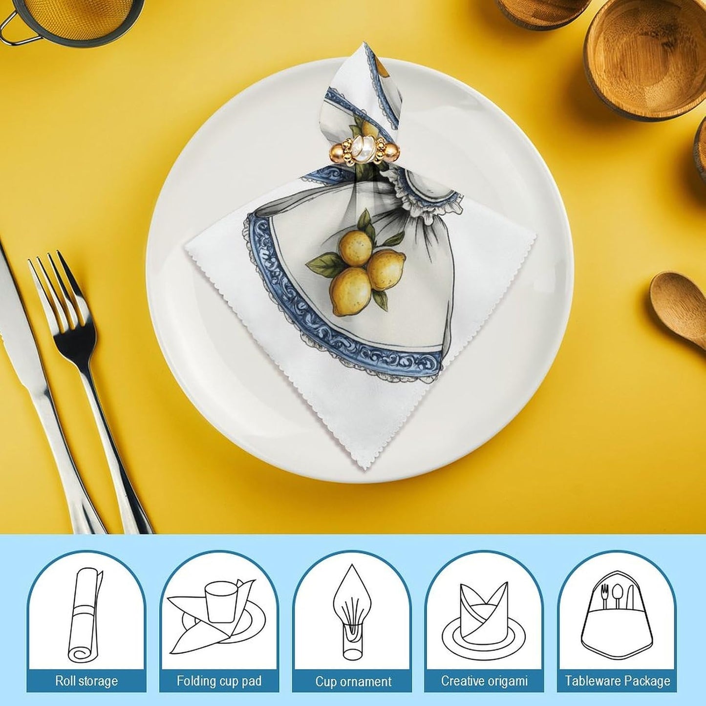 Cowgirl Bow with Yellow Lemons Pattern Cloth Napkins Set of 6, Square Premium Reusable Washable Polyester Table Linen Napkin for Dinner Party