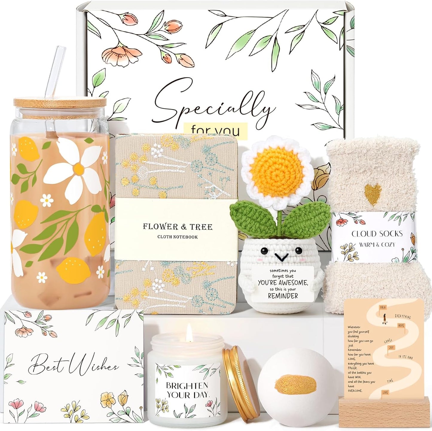 Birthday Gifts for Women, Sending Sunshine Christmas Gifts, Get Well Soon Basket Care Package with Wine tumblers for Thinking of You Her Sister Best Friend