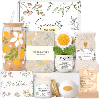 Birthday Gifts for Women, Sending Sunshine Christmas Gifts, Get Well Soon Basket Care Package with Wine tumblers for Thinking of You Her Sister Best Friend