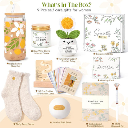 Birthday Gifts for Women, Sending Sunshine Christmas Gifts, Get Well Soon Basket Care Package with Wine tumblers for Thinking of You Her Sister Best Friend