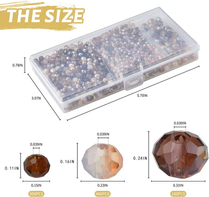 Faceted Rondelle Glass Beads for Jewelry Making, Brown Series | 1000pcs, 4/6/8mm Assorted Sizes, Crystal Spacer Beads, for DIY Bracelets Necklaces Earrings, Craft Supplies