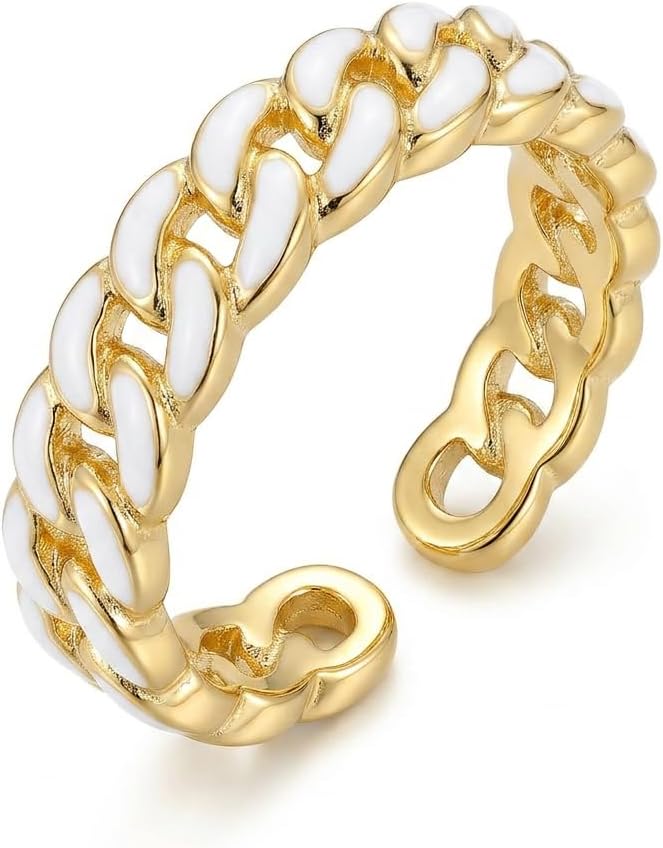 14K Gold Plated White Enamel Cuban Link Open Ring for Women | Modern fashion statement jewelry, versatile adjustable shank, high polished finish, premium gift box included