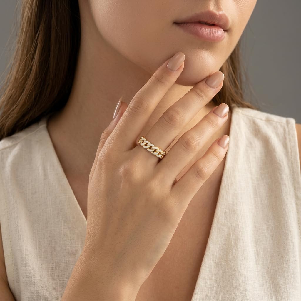 14K Gold Plated White Enamel Cuban Link Open Ring for Women | Modern fashion statement jewelry, versatile adjustable shank, high polished finish, premium gift box included