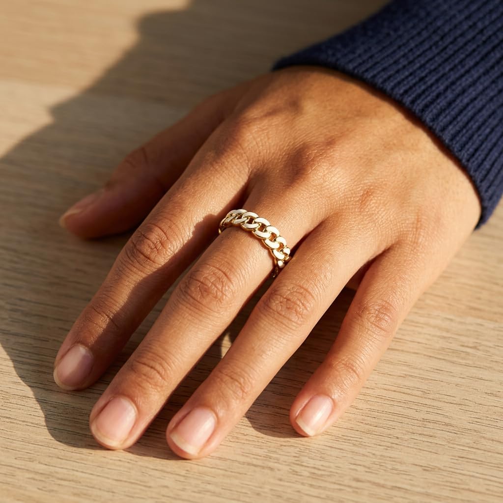 14K Gold Plated White Enamel Cuban Link Open Ring for Women | Modern fashion statement jewelry, versatile adjustable shank, high polished finish, premium gift box included