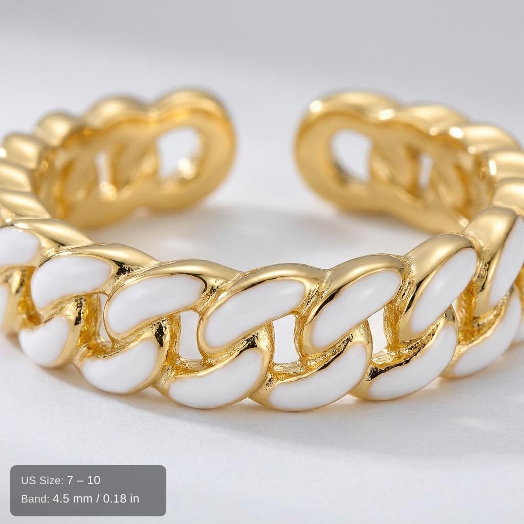 14K Gold Plated White Enamel Cuban Link Open Ring for Women | Modern fashion statement jewelry, versatile adjustable shank, high polished finish, premium gift box included