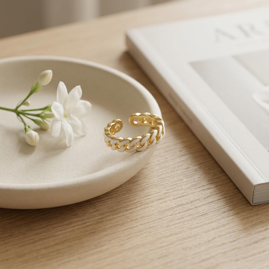 14K Gold Plated White Enamel Cuban Link Open Ring for Women | Modern fashion statement jewelry, versatile adjustable shank, high polished finish, premium gift box included