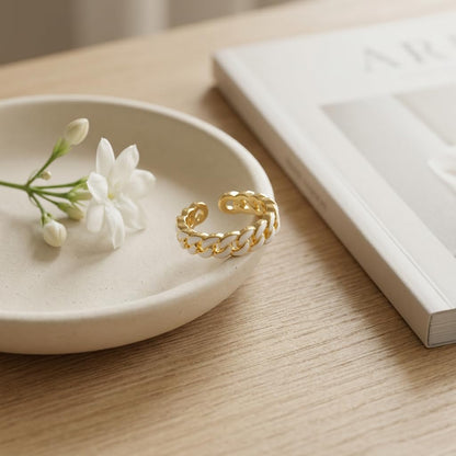 14K Gold Plated White Enamel Cuban Link Open Ring for Women | Modern fashion statement jewelry, versatile adjustable shank, high polished finish, premium gift box included