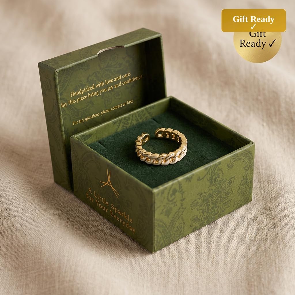 14K Gold Plated White Enamel Cuban Link Open Ring for Women | Modern fashion statement jewelry, versatile adjustable shank, high polished finish, premium gift box included